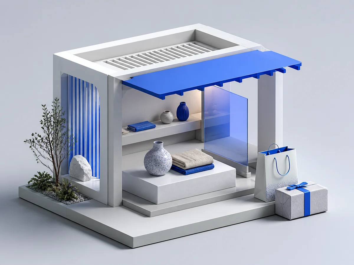 A miniature shop with ceramics, textiles, a shopping bag and a packed order.